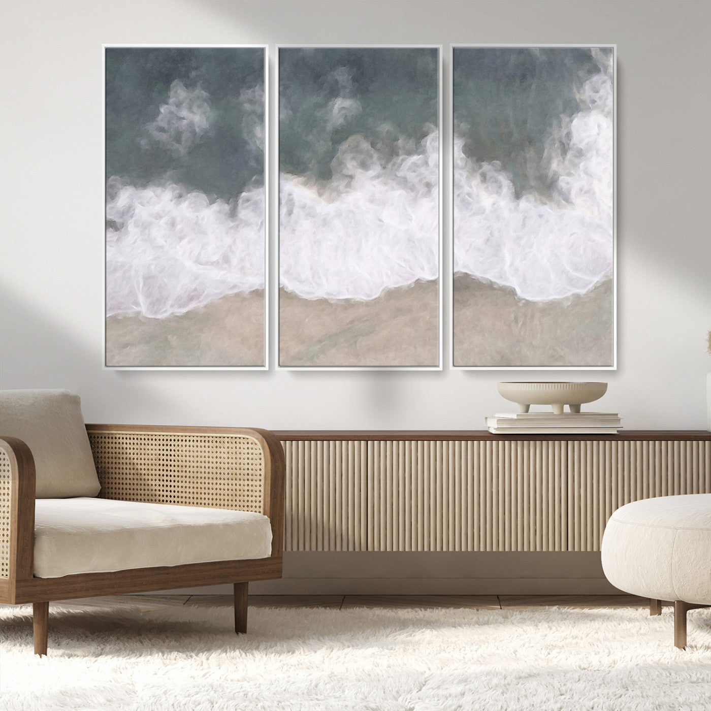 Wall art canvas print featuring foamy ocean waves softly rolling onto a sandy shore with a dreamy, painterly texture.