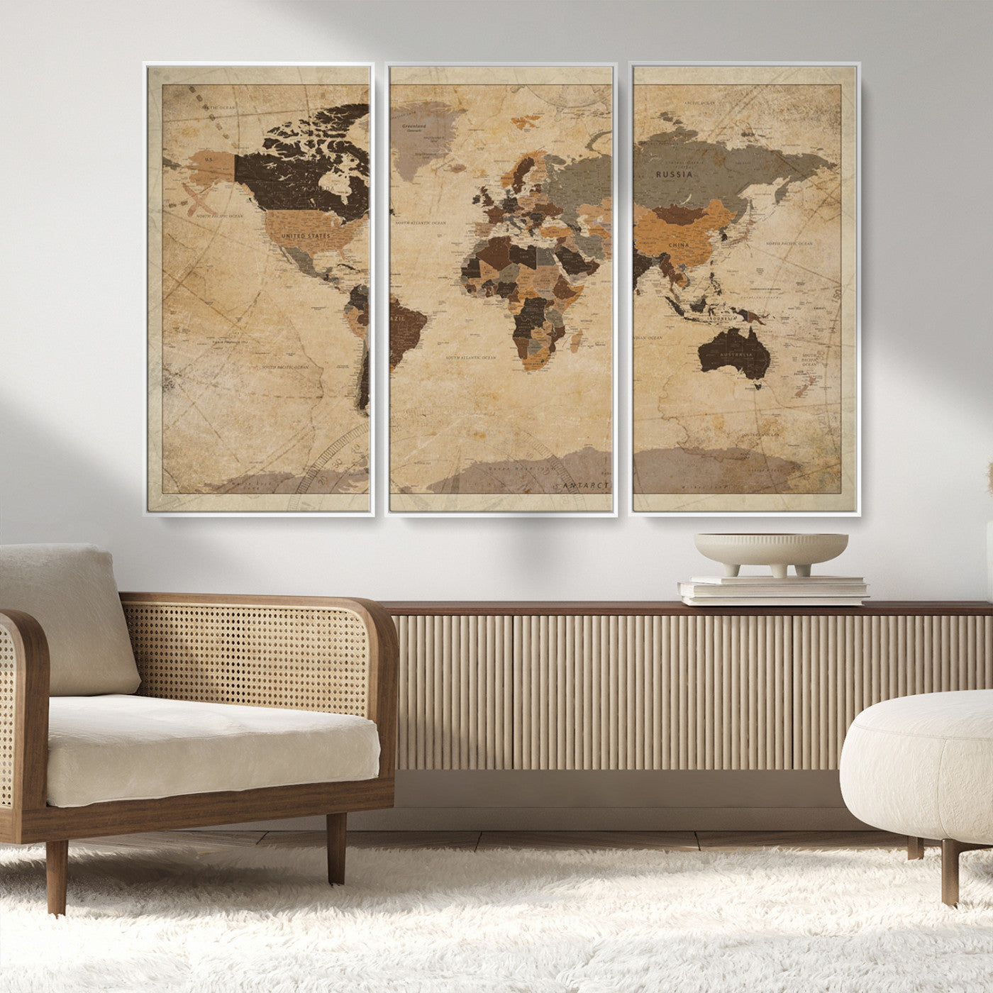 Vintage-style world map with muted brown, beige, and sepia tones, showing countries and continents with a weathered paper texture background.