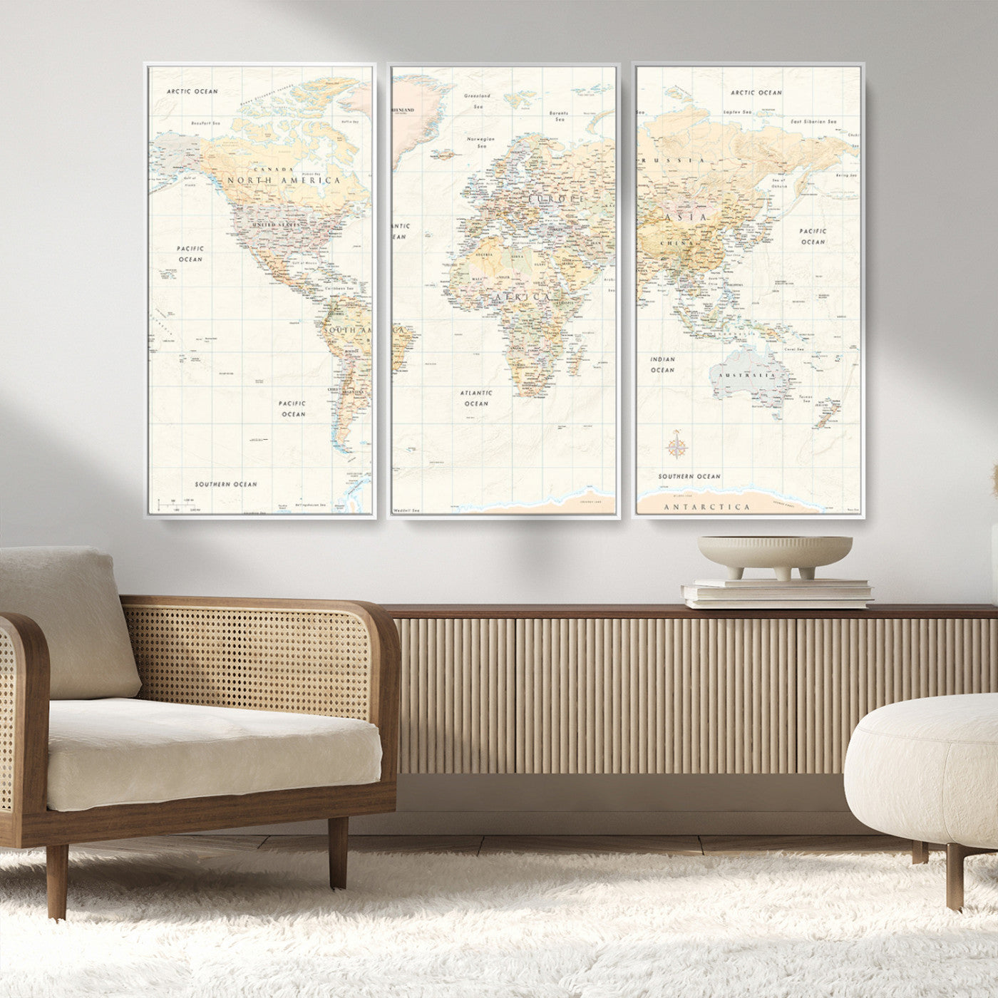 An antique-style world map showing continents, countries, and oceans with soft beige tones, detailed borders, and classic typography, enhanced by a subtle grid overlay and a vintage compass rose.