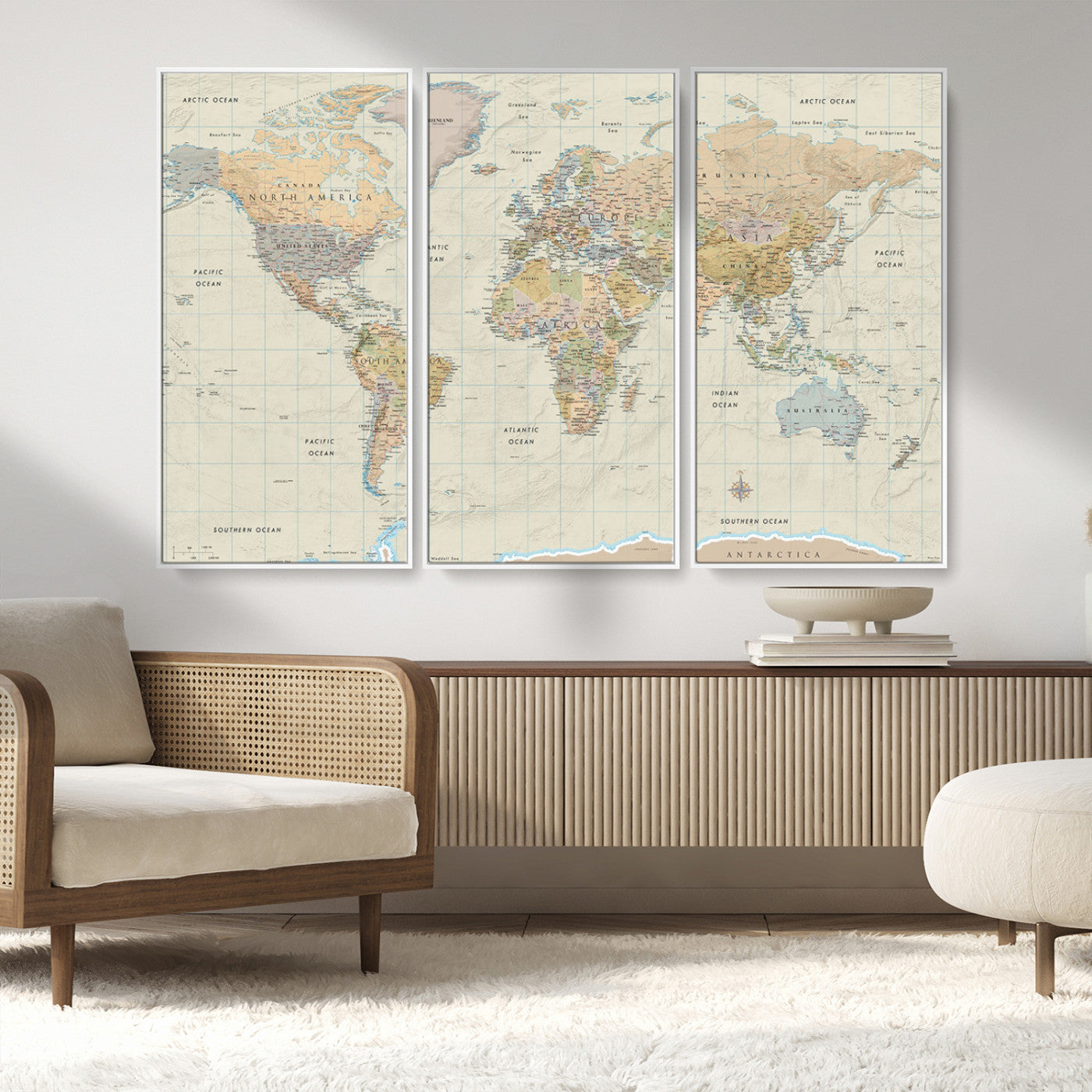 A detailed vintage-style political world map displaying continents, countries, and oceans with clear borders and labels, set on a beige textured background with grid lines.