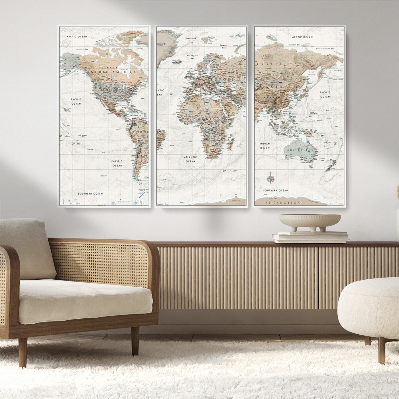 Vintage world map with detailed country borders and labels, featuring soft earthy tones of beige, brown, and gray on a textured parchment background, including oceans, continents, and major cities.
