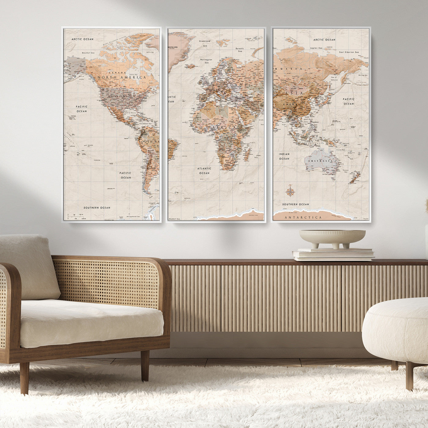 Detailed vintage world map with warm earth tones showing country borders, oceans, continents, and major cities, styled with a textured parchment background.