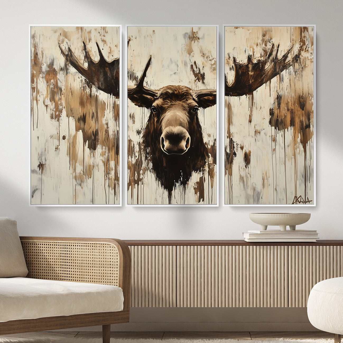 34496536-MGV-CV-36X24 - Powerful Moose Portrait Wall Art – Rich Earthy Tones, Expressive Brushstrokes, Striking Gaze, Raw Nature Vibes Decor for Home or Office
