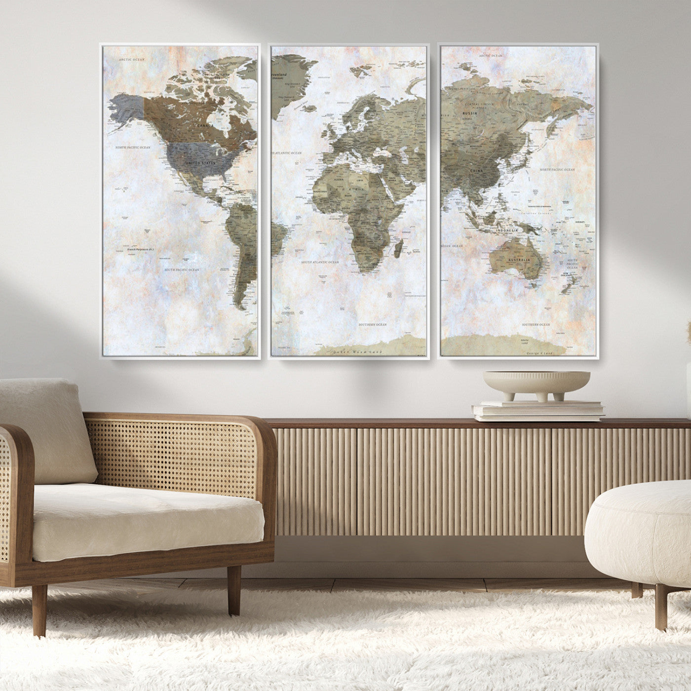 World map printed on a textured canvas with soft muted earth tones and a weathered background, showing detailed countries and continents, perfect for vintage-style wall art.