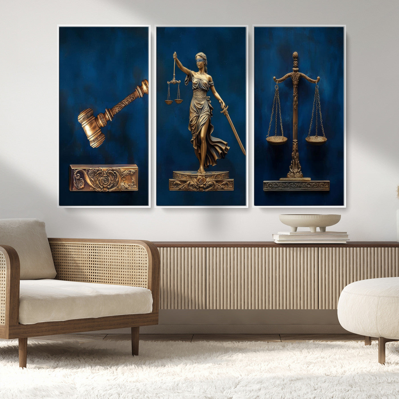 MGV-FC-48X32-3P - Lady Justice Wall Art Canvas Print – Elegant Gold Legal Symbols on Blue Background, Perfect for Law