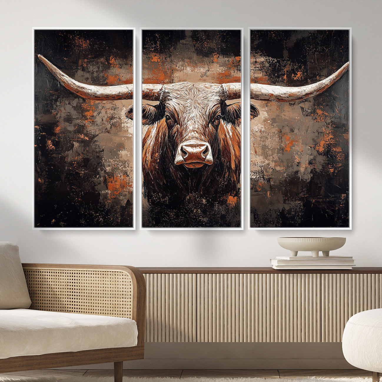 24779067-MGV-CV-36X24 - Rustic Longhorn Bull Wall Art Canvas Print – Vintage Western Cattle Painting, Texas Steer Artwork