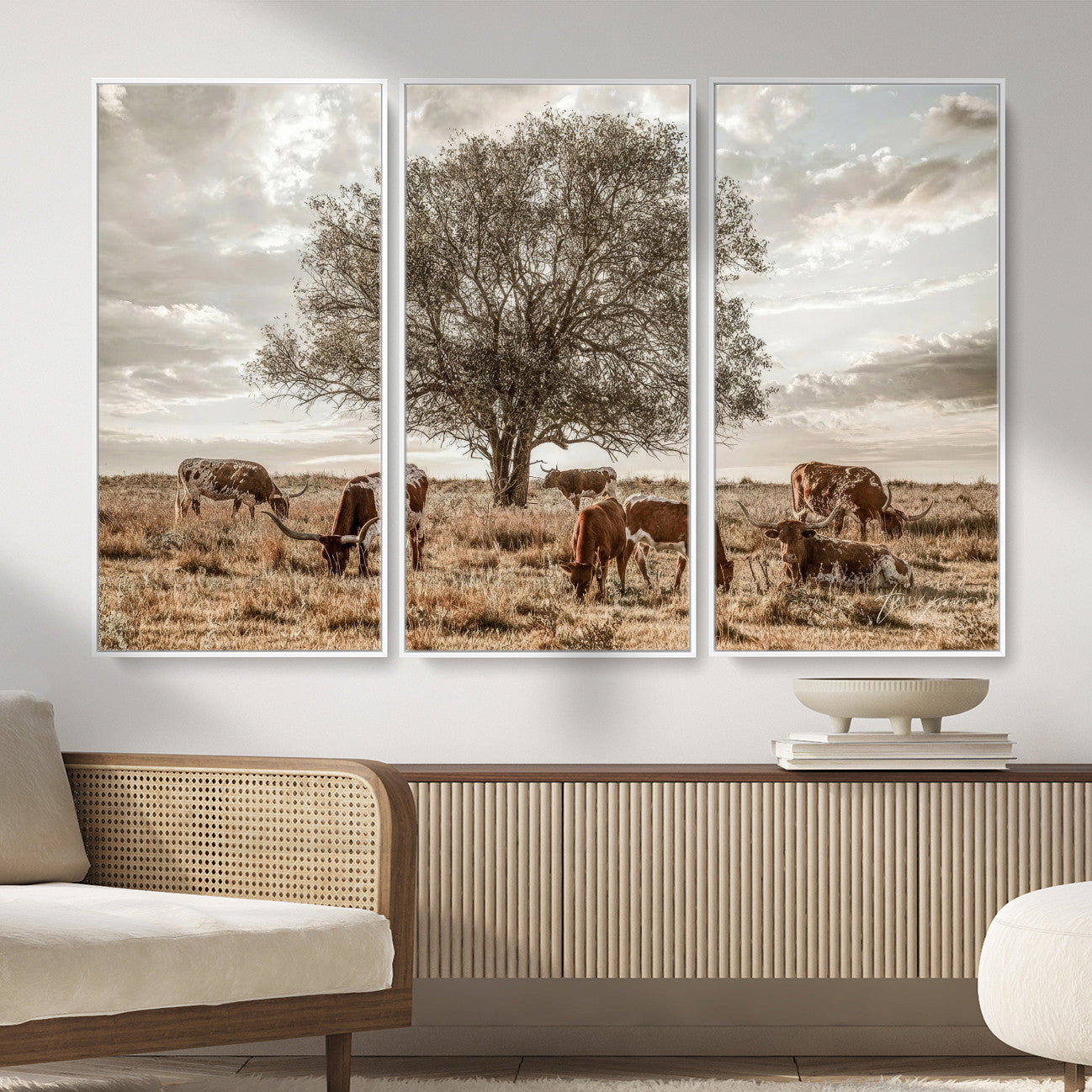 87590224-MGV-CV-36X24 - Texas Longhorn Cattle Wall Art Canvas Print – Rustic Western Ranch Scene with Steers at Sunset, Perfect for Farmhouse or Cowboy Decor