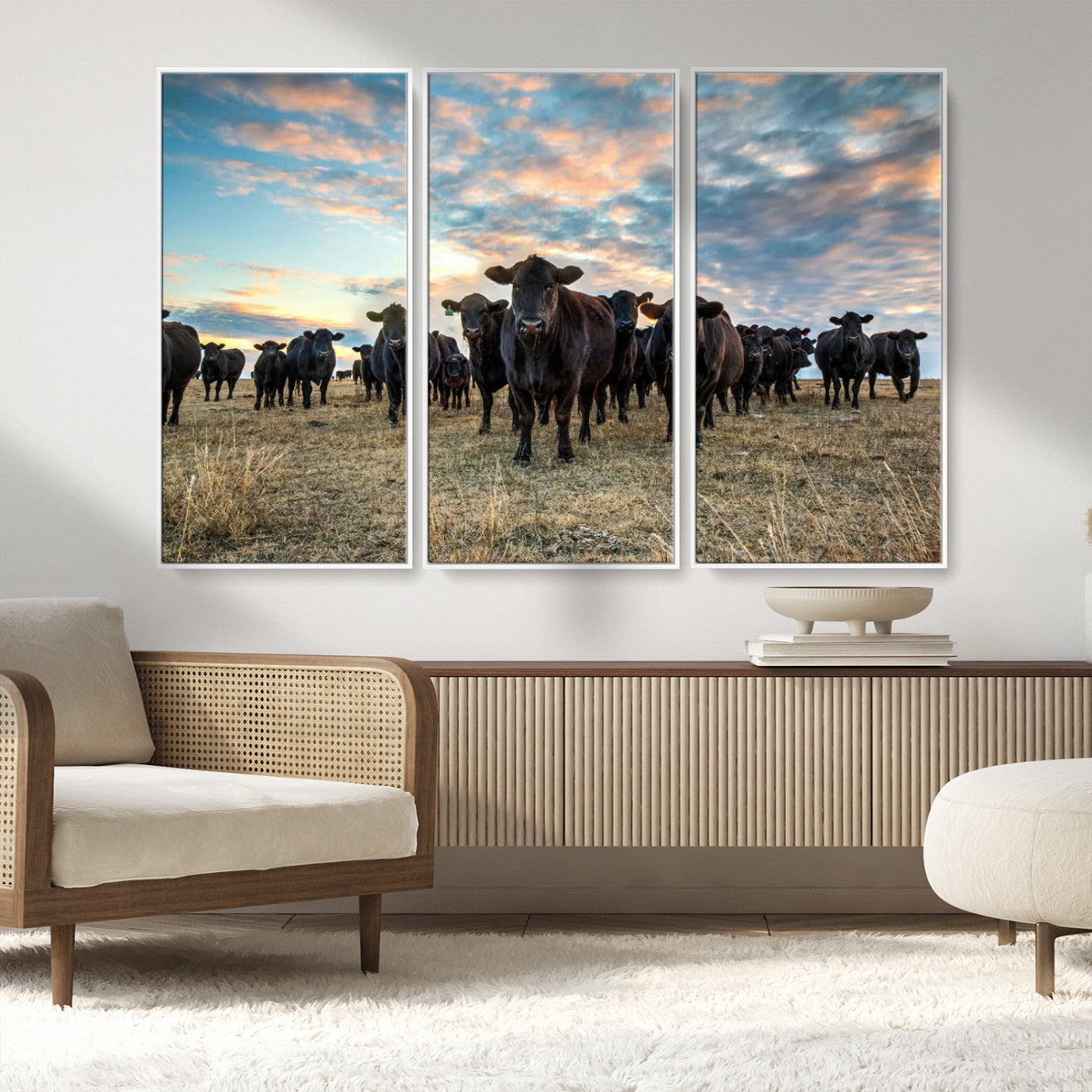 13867292-MGV-CV-36X24-Texas Longhorn Cattle Wall Art Canvas Print – Rustic Western Ranch Scene with Steers at Sunset, Perfect for Farmhouse or Cowboy Decor