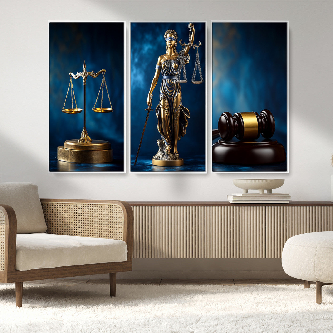 MGV-FC-48X32-3P - Lady Justice Wall Art Canvas Print – Elegant Gold Legal Symbols on Blue Background, Perfect for Law