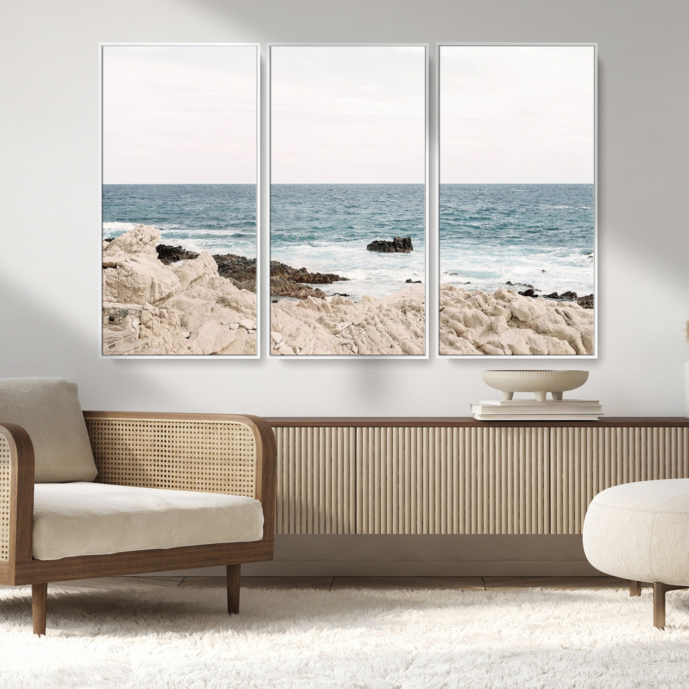 25481980-MGV-CV-36X24-Coastal Ocean View Wall Art Canvas Print – Serene Rocky Shoreline and Blue Sea Photography for Coastal Chic or Minimalist Home Decor