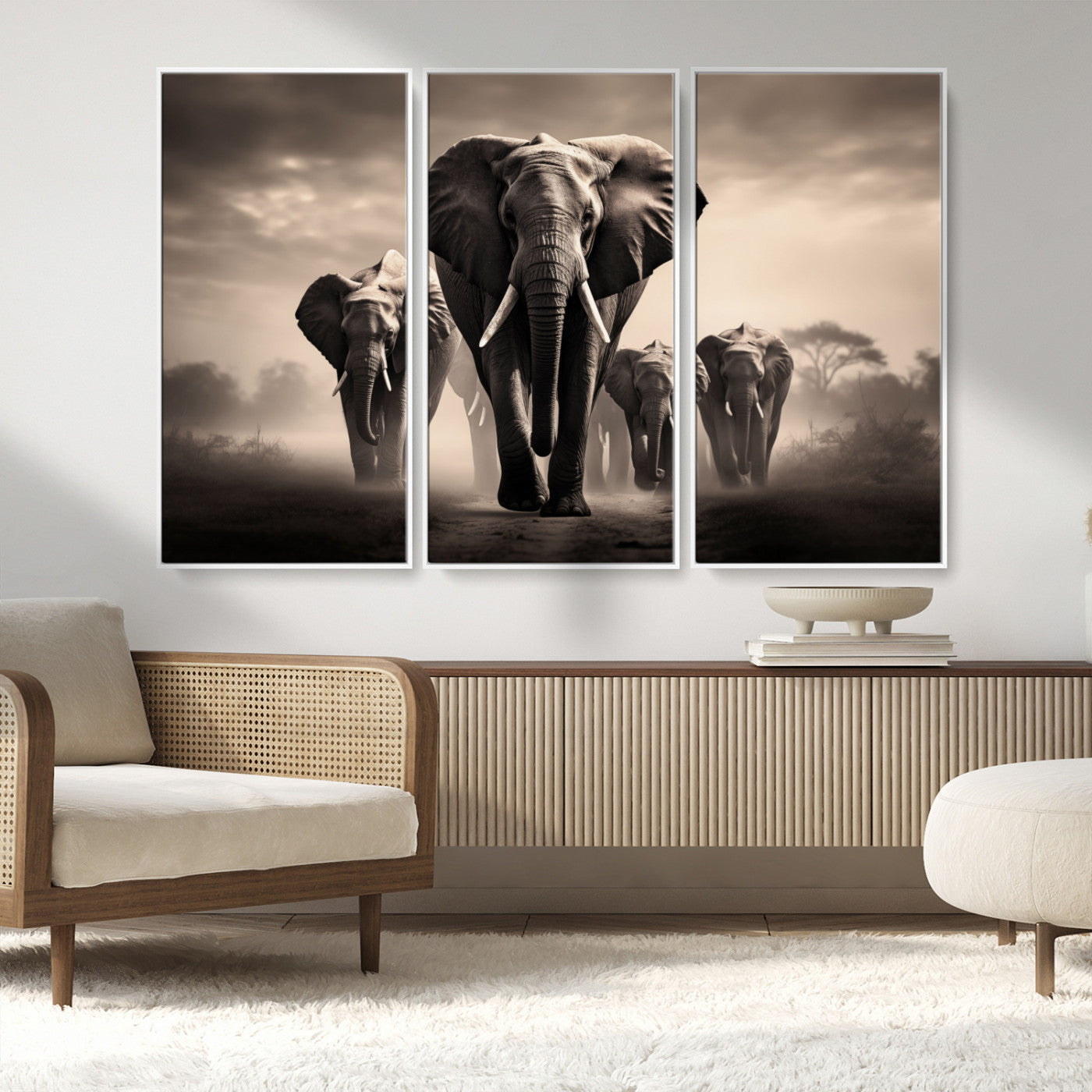 MGV-FC-48X32-3P - Elephant Family Wall Art Canvas Print, Framed Elephant Wall Art Home Decor