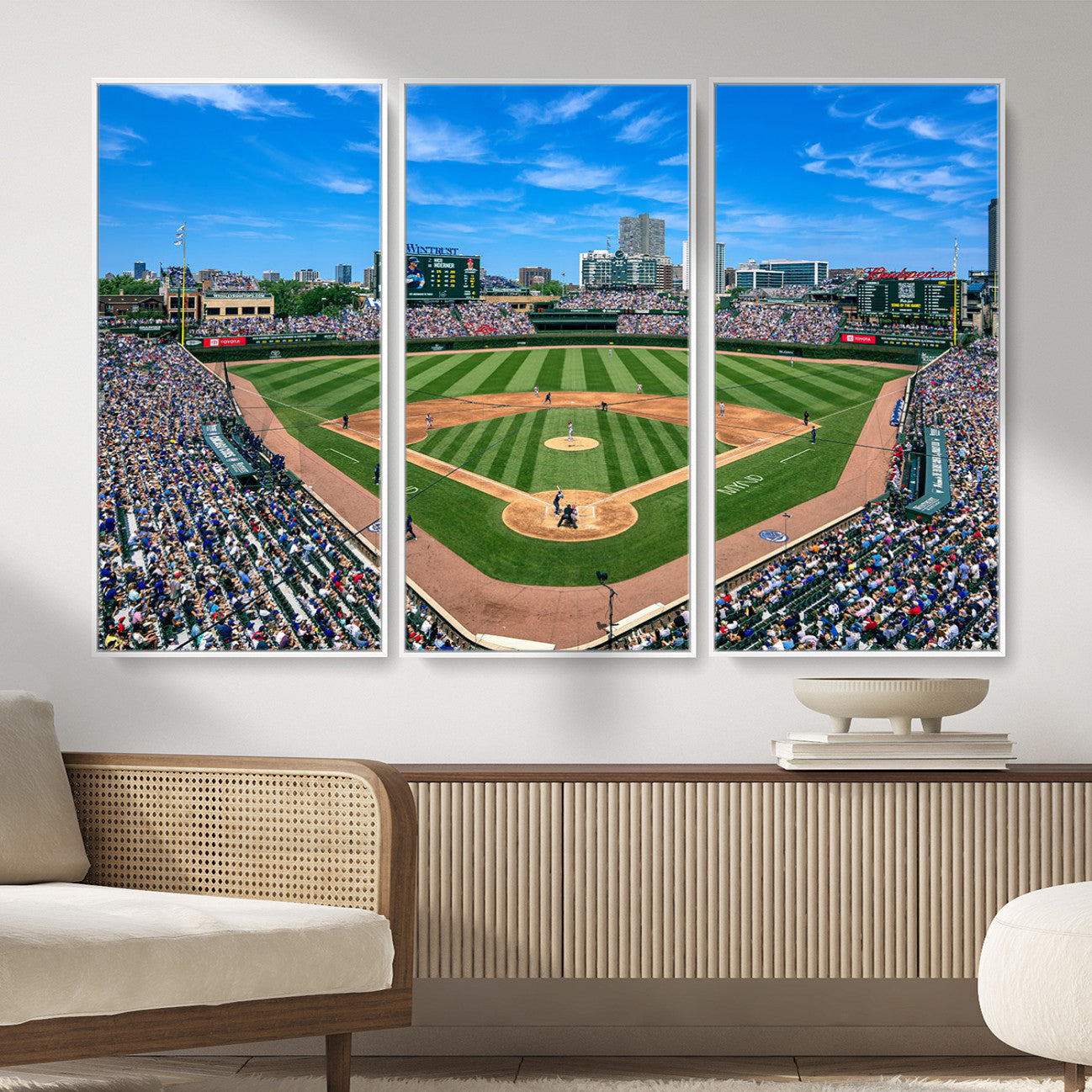 35800083-MGV-FC-48X32-3P - Wrigley Field Baseball Stadium Canvas Wall Art – Packed Crowd Sports Stadium City Skyline Artwork for Home Office
