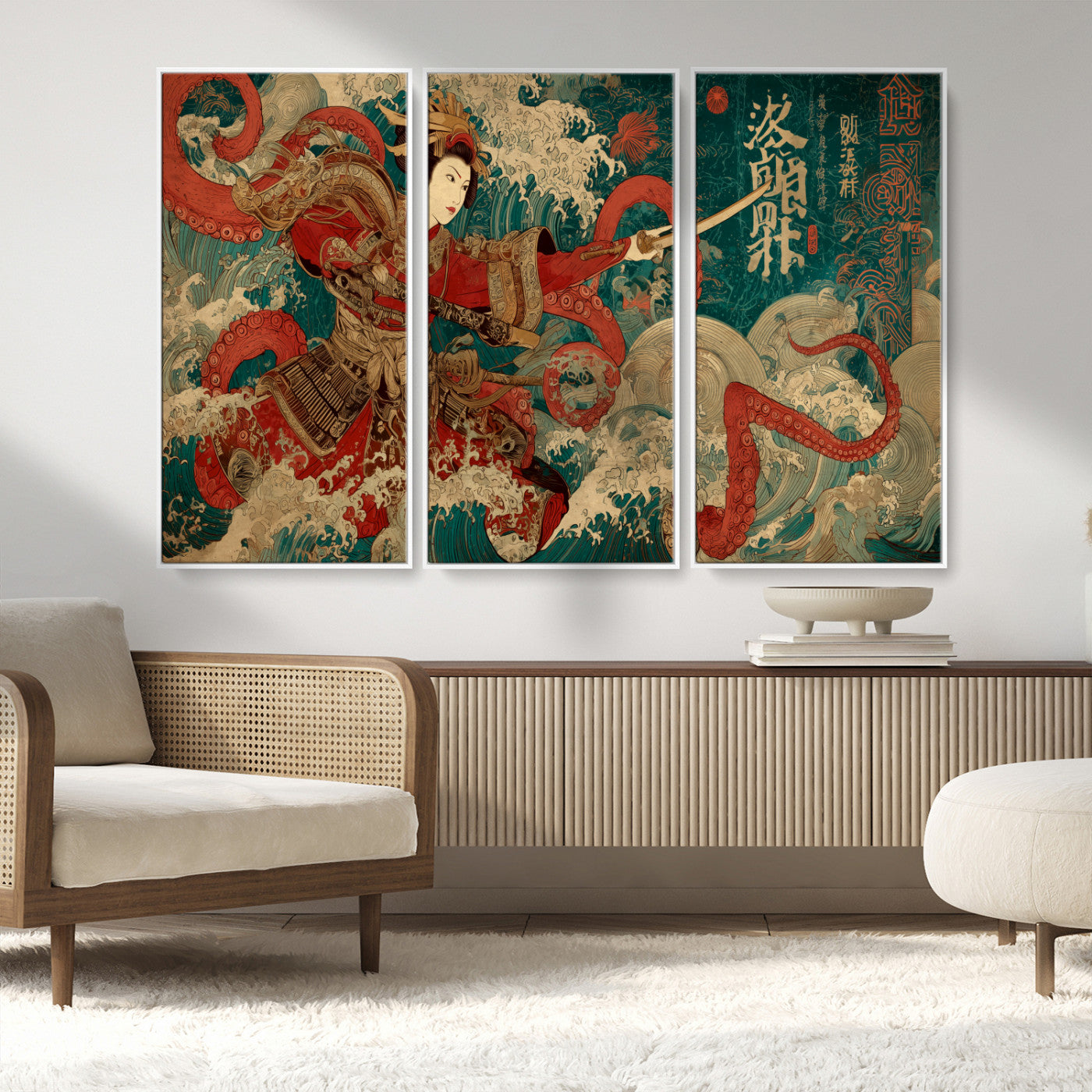 MGV-FC-48X32-3P - Tsukioka Yoshitoshi Samurai Wall Art Print, Japanese Katana Warrior Canvas Wall Art, Octopus Sea Monster Canvas Print,