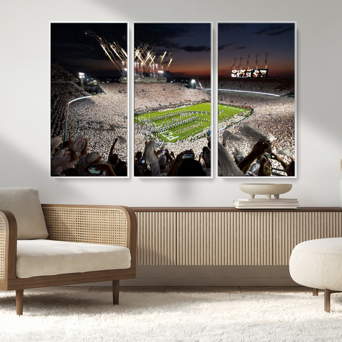 MGV-FC-48X32-3P - Penn State Stadium Wall Art Print, White Out Football Game Canvas Wall Art, Framed Sports Stadium,