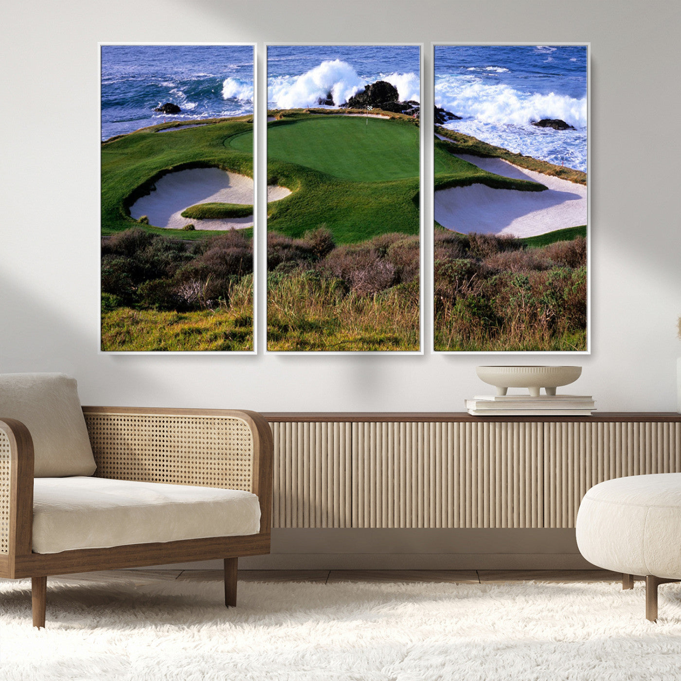 22776914-MGV-CV-36X24-Ocean Cliff Golf Green Canvas Print – Framed Majestic Coastal Scene with Lush Green Artwork for Home, Office