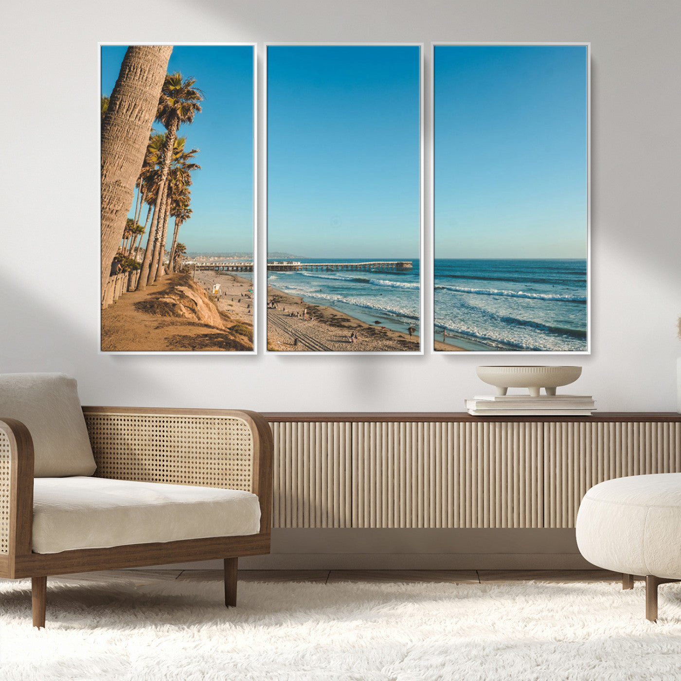 MGV-FC-48X32-3P - Scenic Beach with Tall Palm Trees, Sandy Shore, and Long Pier Stretching into the Calm Ocean Under
