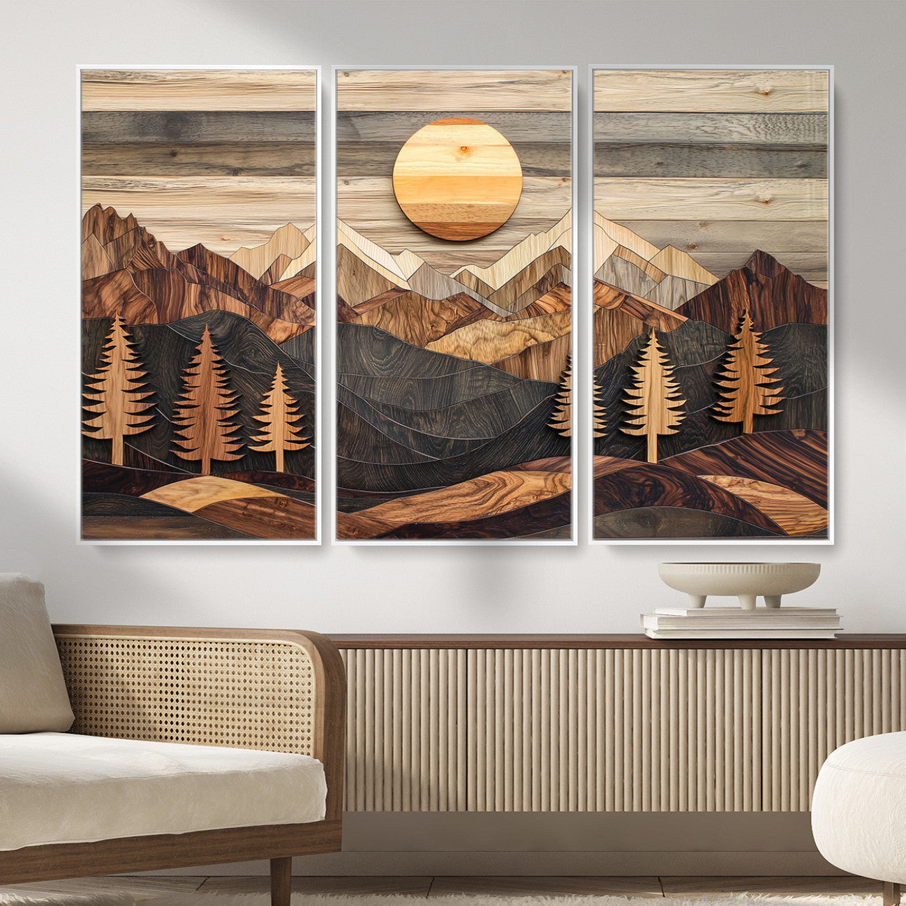 19832326-MGV-FC-48X32-3P - Wooden Mountain Landscape Layered Texture Geometric Shapes Sun Pine Trees Rustic Natural Tones Art