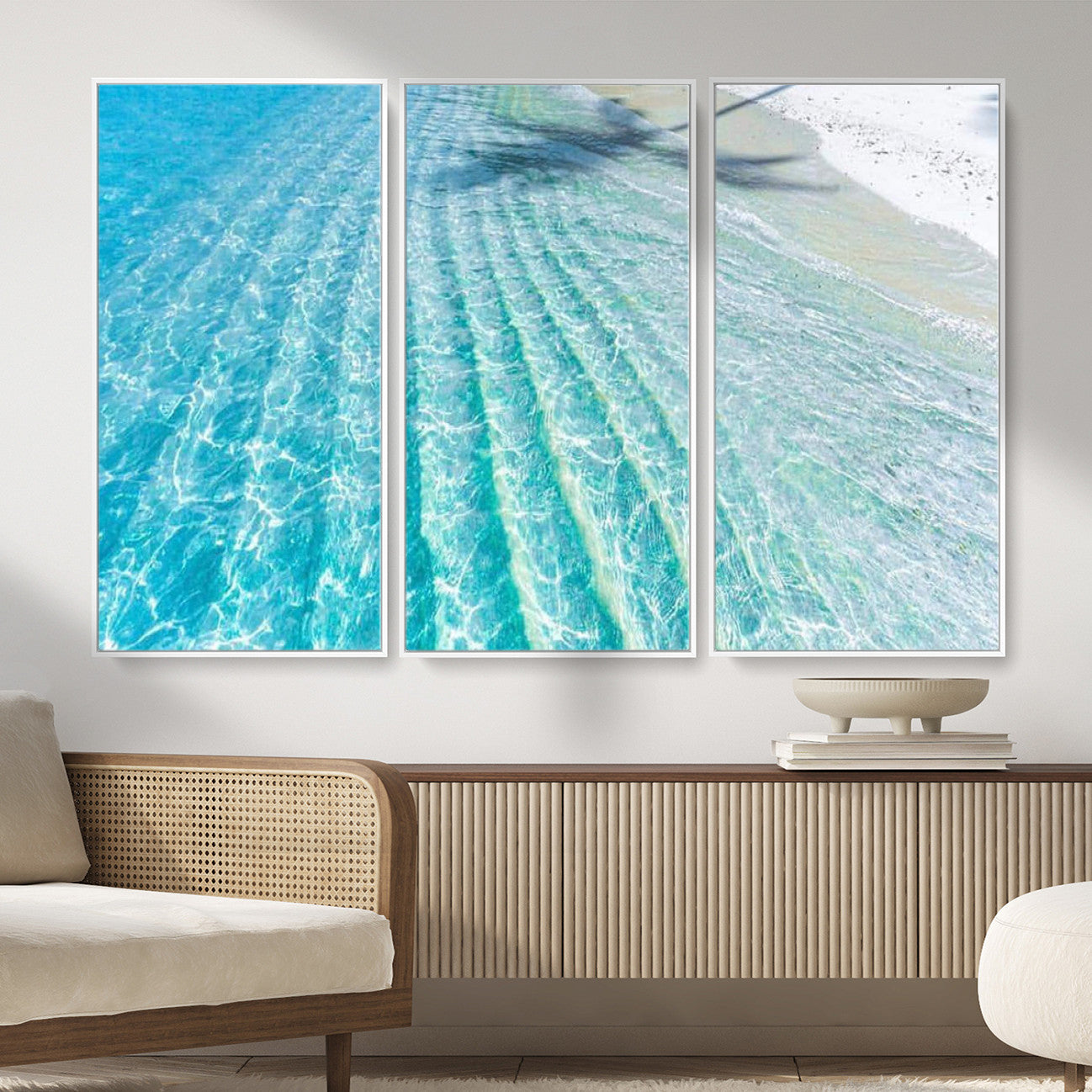 46233906-MGV-CV-36X24 - Serene Clear Blue Ocean Water Canvas Wall Art – Soft White Sand Shore Coastal Print for Home Decor, Relaxation, and Tranquil Vibes