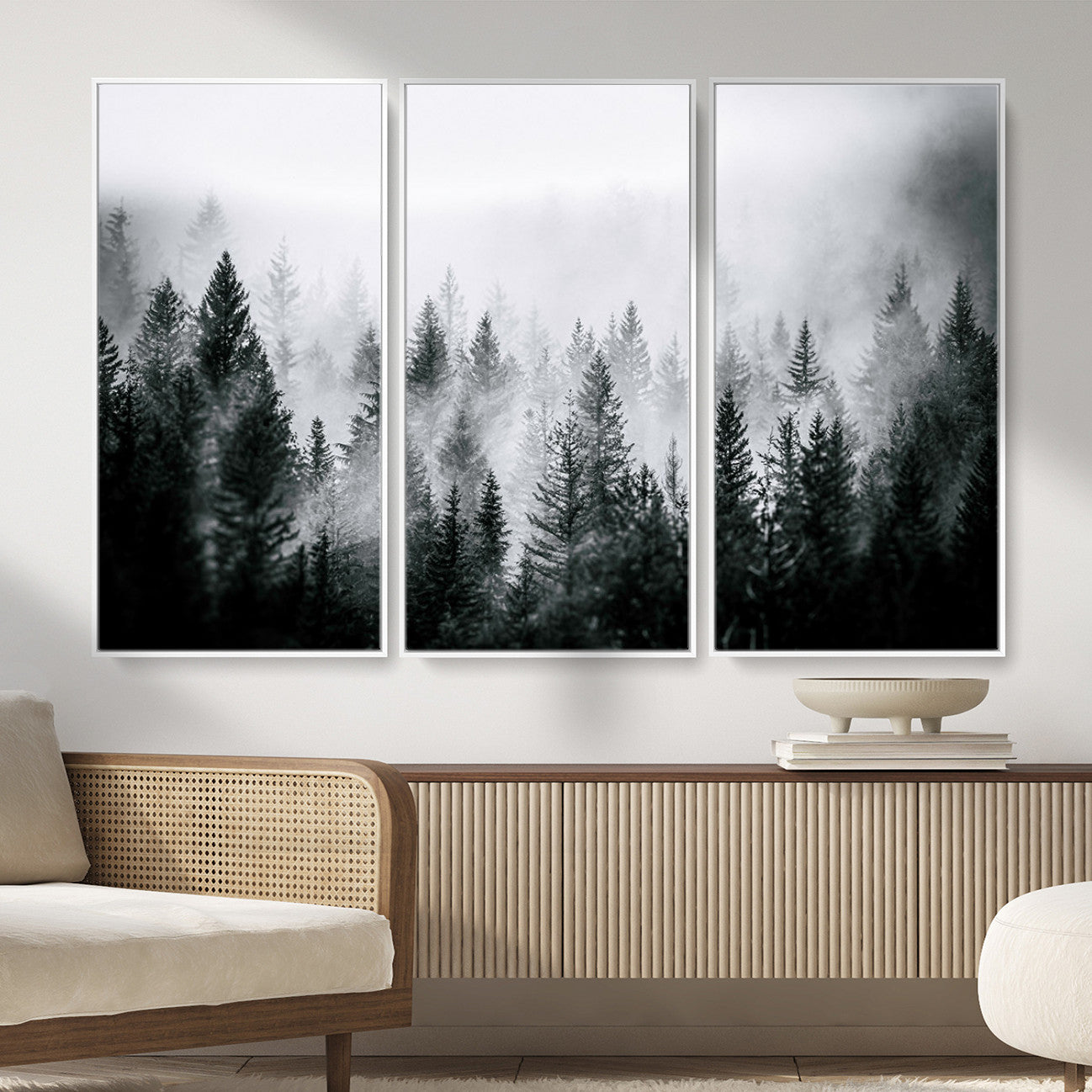 MGV-FC-48X32-3P - Foggy Pine Forest Canvas Wall Art – Black and White Nature Landscape Print, Horizontal Canvas for
