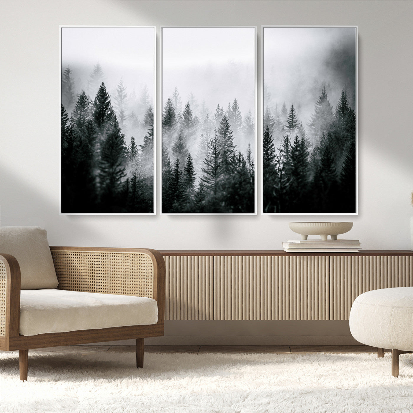 MGV-FC-48X32-3P - Foggy Pine Forest Canvas Wall Art – Black and White Nature Landscape Print, Horizontal Canvas for