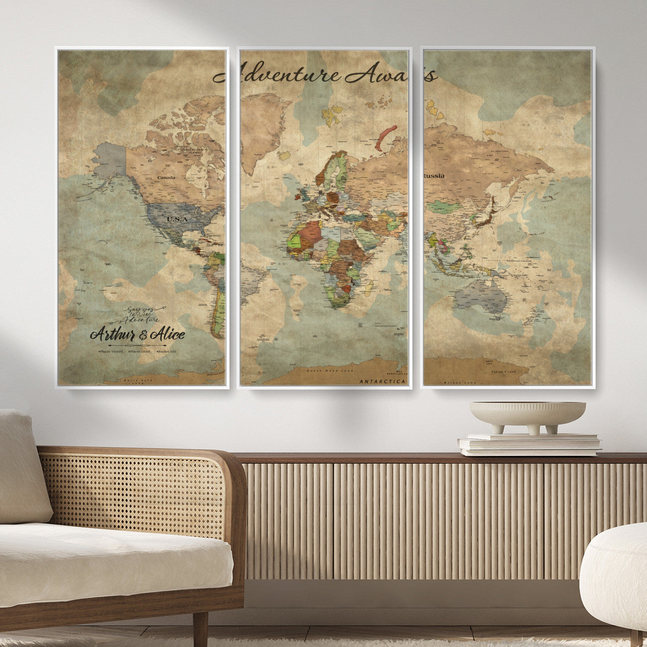 MGV-FC-48X32-3P - Personalized World Map Wall Art Canvas Print – Custom Push Pin Travel Map for Couples, Families, or Office Décor