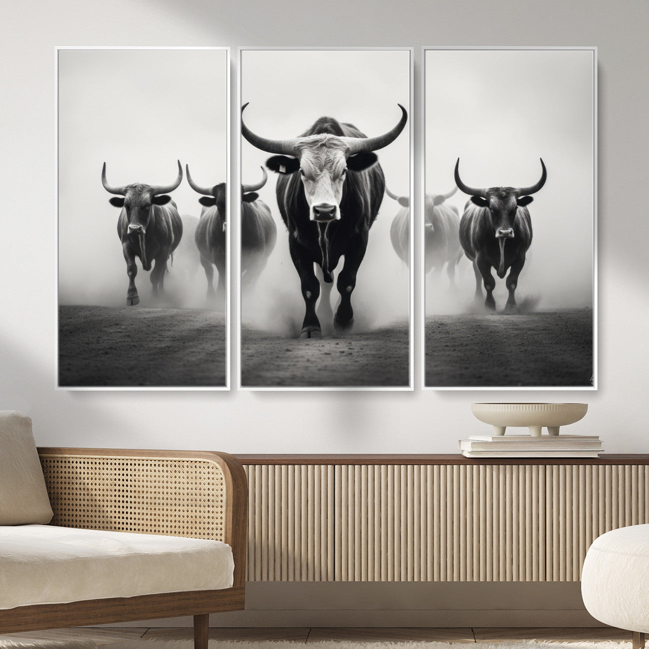 N34534C-MGV-FC-48X32-3P - Texas Bighorn Cow Hern Wall Art Canvas Print, Longhorn Cow Large Wall Art