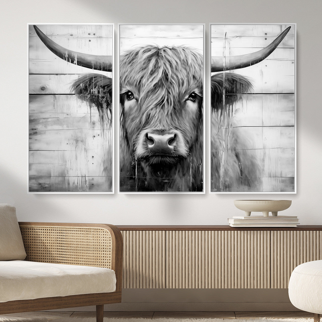 1001HASAN27-MGV-FC-48X32-3P - Black White Highland Cow Wall Art Canvas Print
