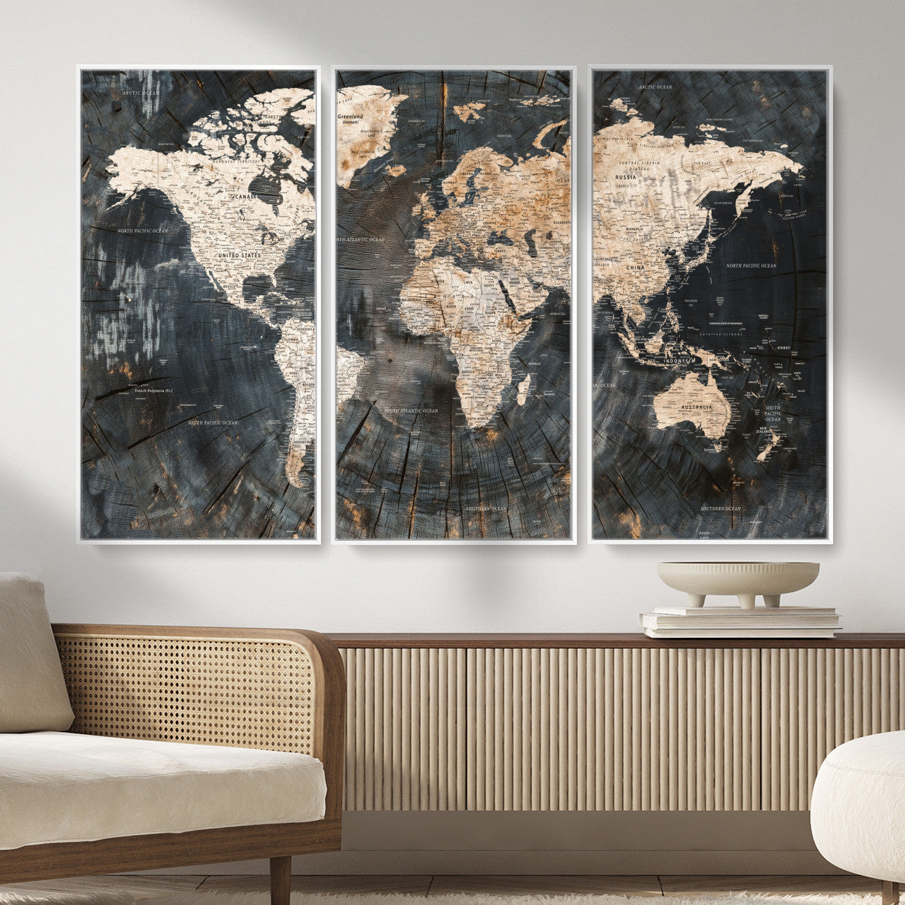 57626704-MGV-FC-48X32-3P - World Map Wall Art Canvas Print, Modern Decorative Framed Map Artwork Prints for Living Room, Office, Bedroom Wall Decor