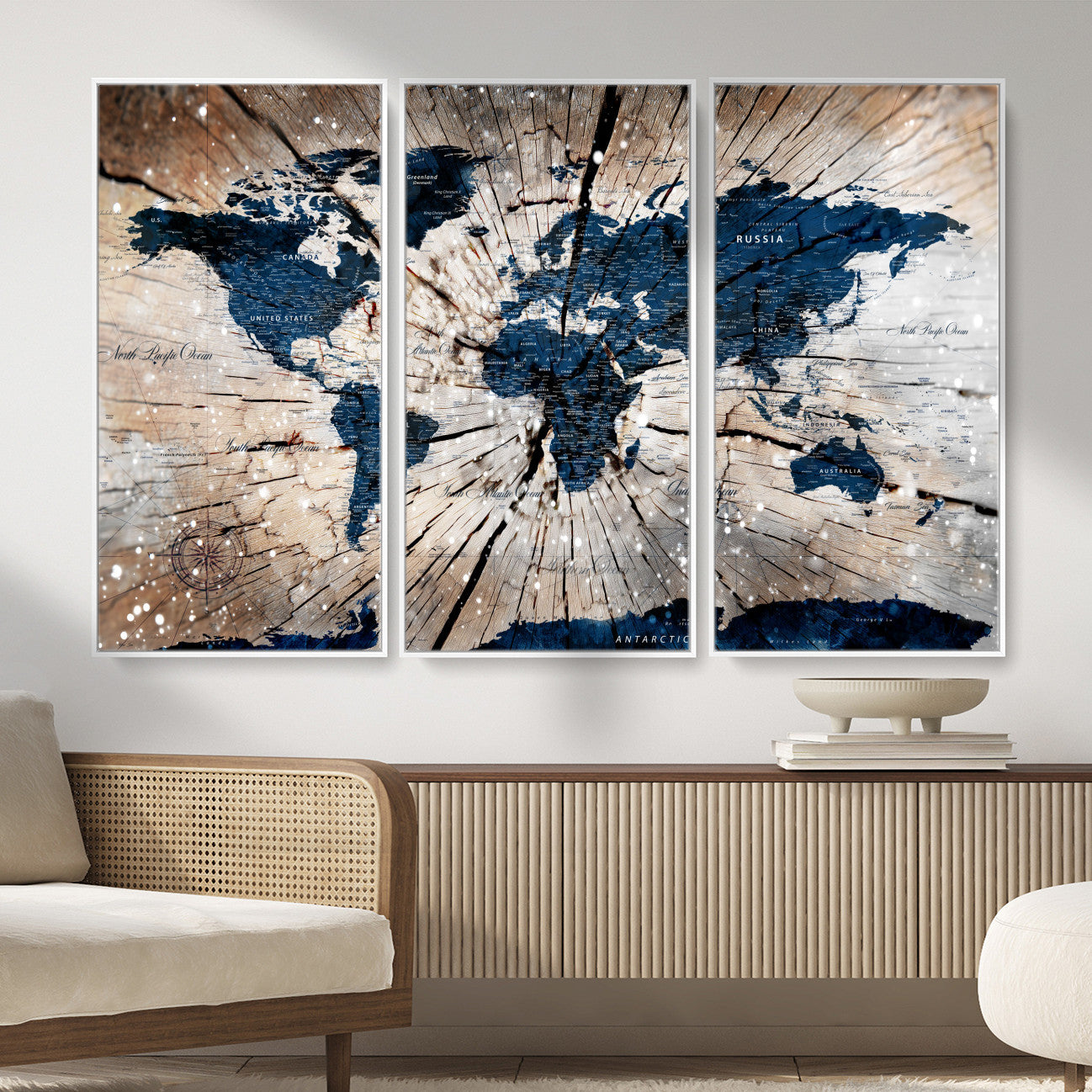 99001695-MGV-FC-48X32-3P - World Map Wall Art Canvas Print, Modern Decorative Framed Map Artwork Prints for Living Room, Office, Bedroom Wall Decor