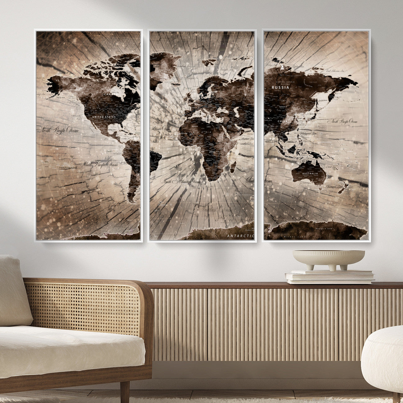 35326624-MGV-FC-48X32-3P - World Map Wall Art Canvas Print, Modern Decorative Framed Map Artwork Prints for Living Room, Office, Bedroom Wall Decor
