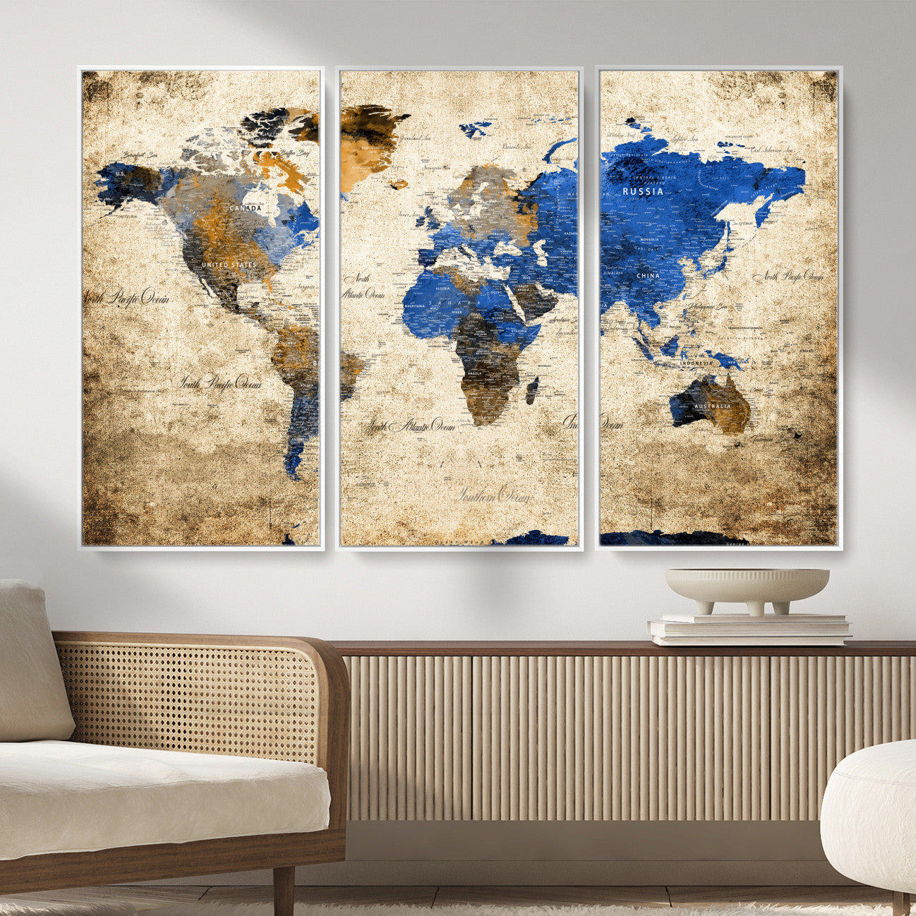 13564339-MGV-FC-48X32-3P - World Map Wall Art Canvas Print, Modern Decorative Framed Map Artwork Prints for Living Room, Office, Bedroom Wall Decor