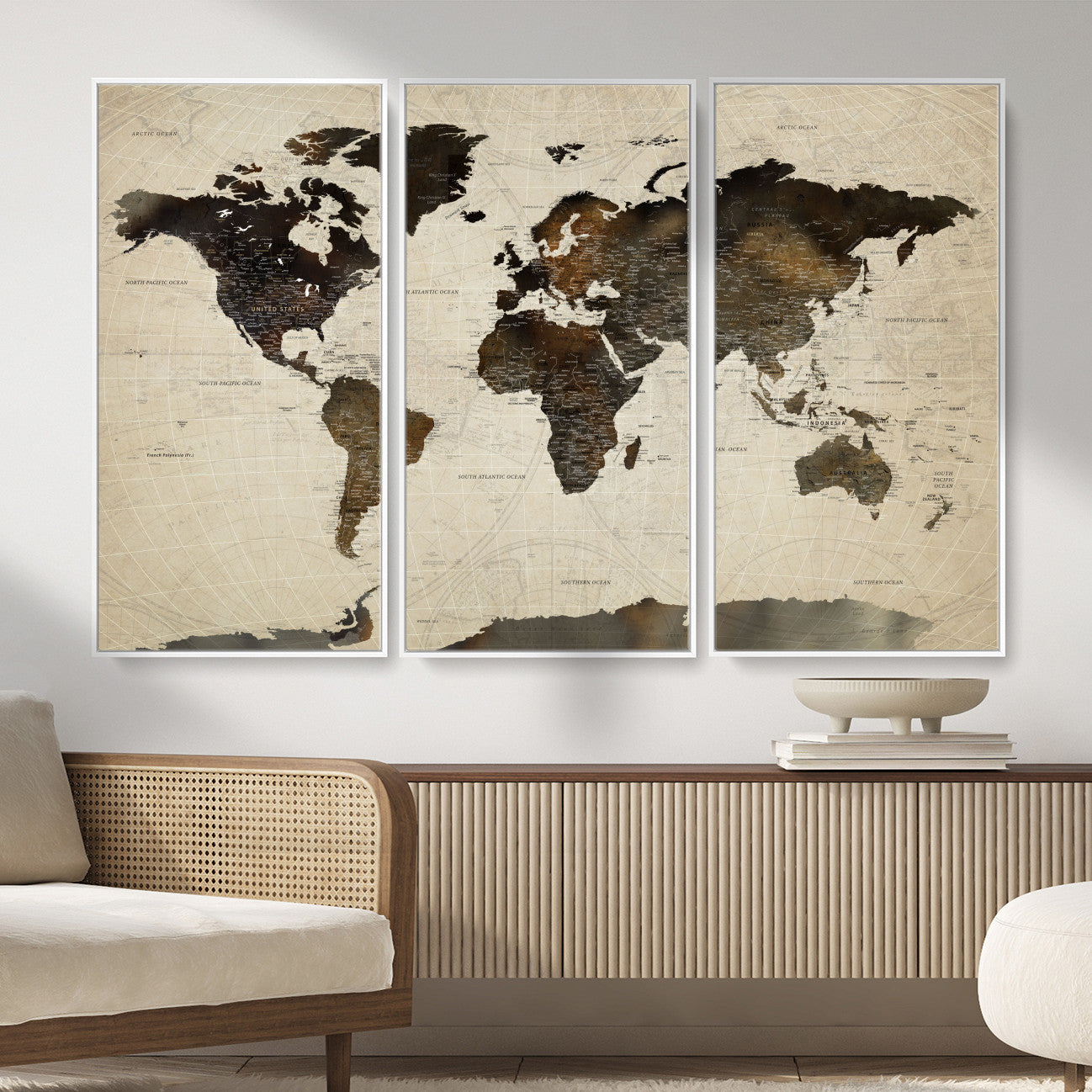 81771296-MGV-FC-48X32-3P - World Map Wall Art Canvas Print, Modern Decorative Framed Map Artwork Prints for Living Room, Office, Bedroom Wall Decor