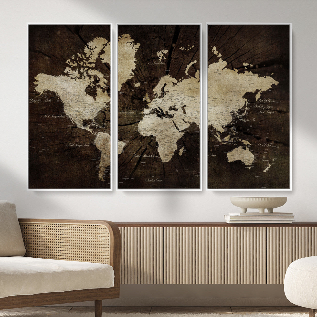 24010397-MGV-FC-48X32-3P - World Map Wall Art Canvas Print, Modern Decorative Framed Map Artwork Prints for Living Room, Office, Bedroom Wall Decor