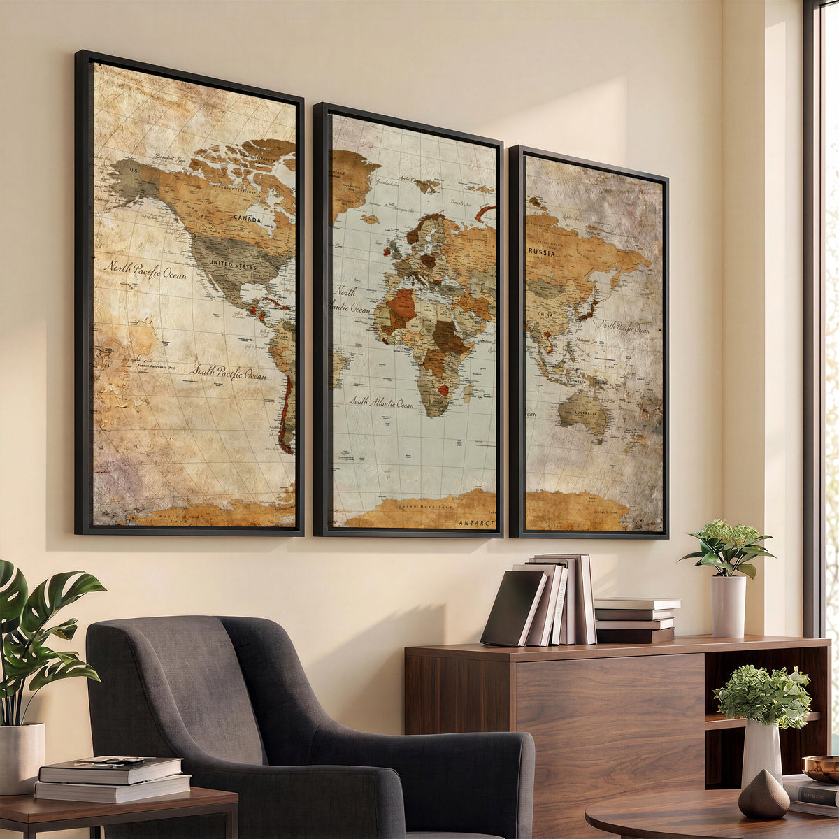 74176056-MGV-CV-36X24 - World Map Wall Art Canvas Print, Modern Decorative Framed Map Artwork Prints for Living Room, Office, Bedroom Wall Decor