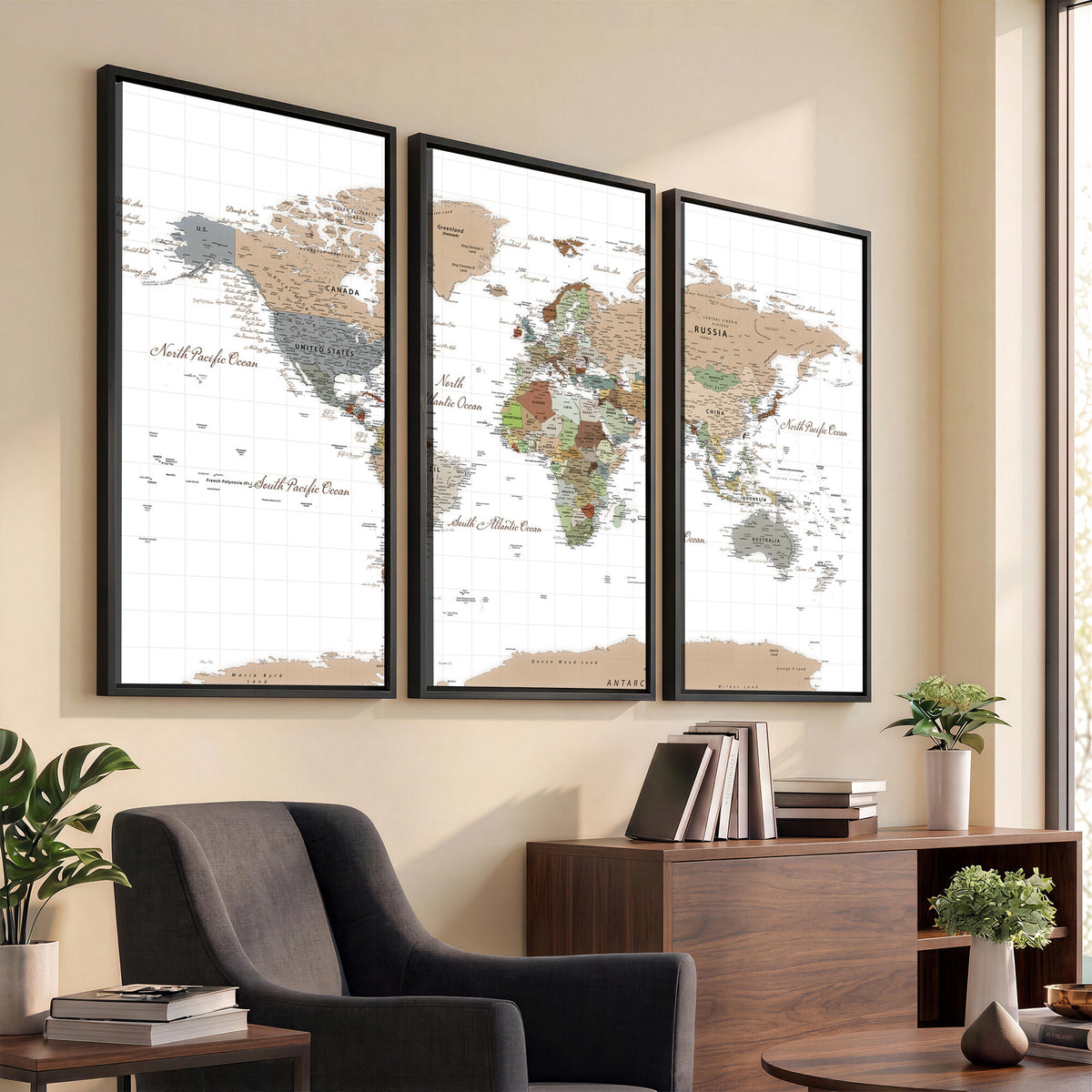 91286788-MGV-CV-36X24 - World Map Wall Art Canvas Print, Modern Decorative Framed Map Artwork Prints for Living Room, Office, Bedroom Wall Decor