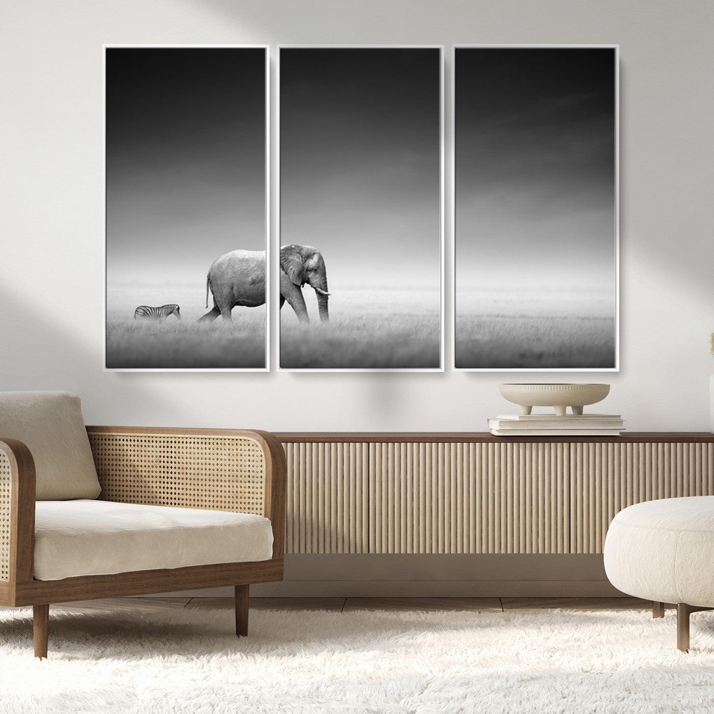 MGV-FC-48X32-3P - Elephand and Zebra Wall Art Canvas Print, Modern Artwork