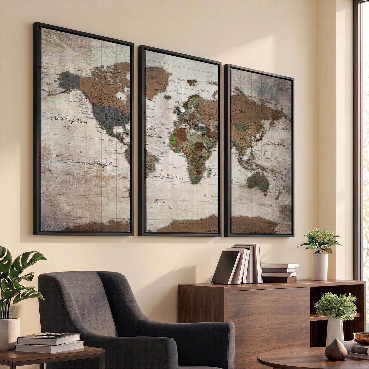 65393892-MGV-CV-36X24 - World Map Wall Art Canvas Print, Modern Decorative Framed Map Artwork Prints for Living Room, Office, Bedroom Wall Decor