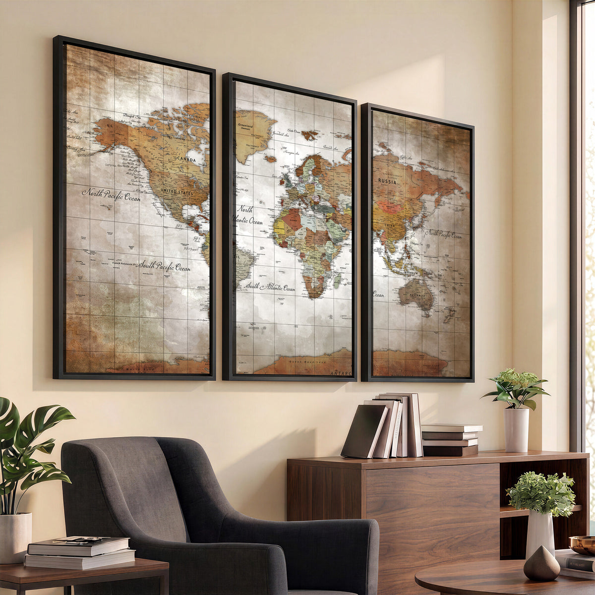 51643807-MGV-CV-36X24 - World Map Wall Art Canvas Print, Modern Decorative Framed Map Artwork Prints for Living Room, Office, Bedroom Wall Decor