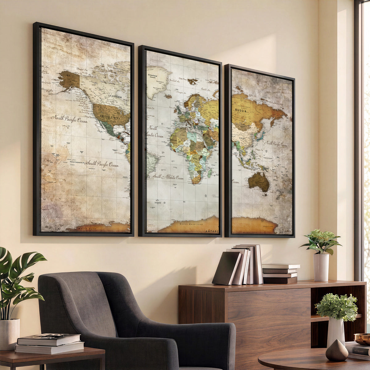 86108417-MGV-CV-36X24 - World Map Wall Art Canvas Print, Modern Decorative Framed Map Artwork Prints for Living Room, Office, Bedroom Wall Decor