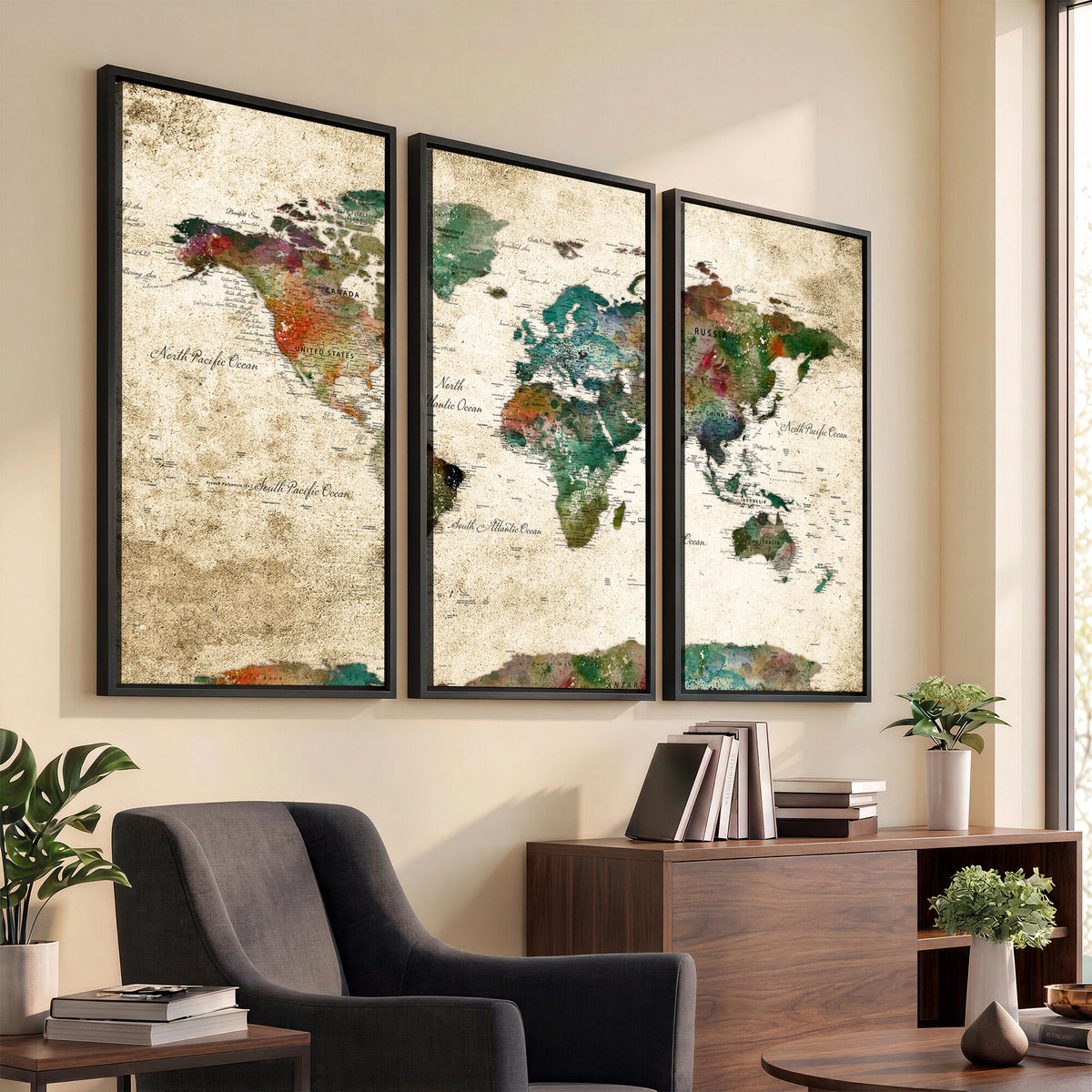 87544591-MGV-CV-36X24 - World Map Wall Art Canvas Print, Modern Decorative Framed Map Artwork Prints for Living Room, Office, Bedroom Wall Decor