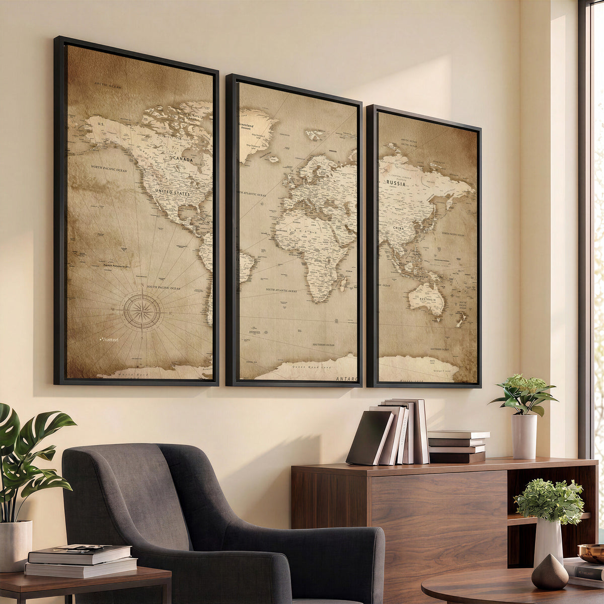 34795134-MGV-CV-36X24 - World Map Wall Art Canvas Print, Modern Decorative Framed Map Artwork Prints for Living Room, Office, Bedroom Wall Decor