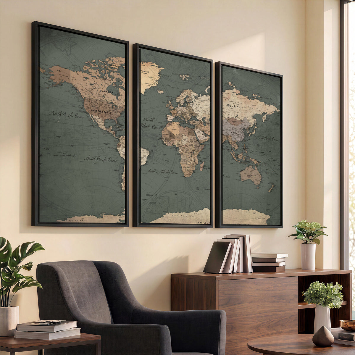 84619399-MGV-CV-36X24 - World Map Wall Art Canvas Print, Modern Decorative Framed Map Artwork Prints for Living Room, Office, Bedroom Wall Decor