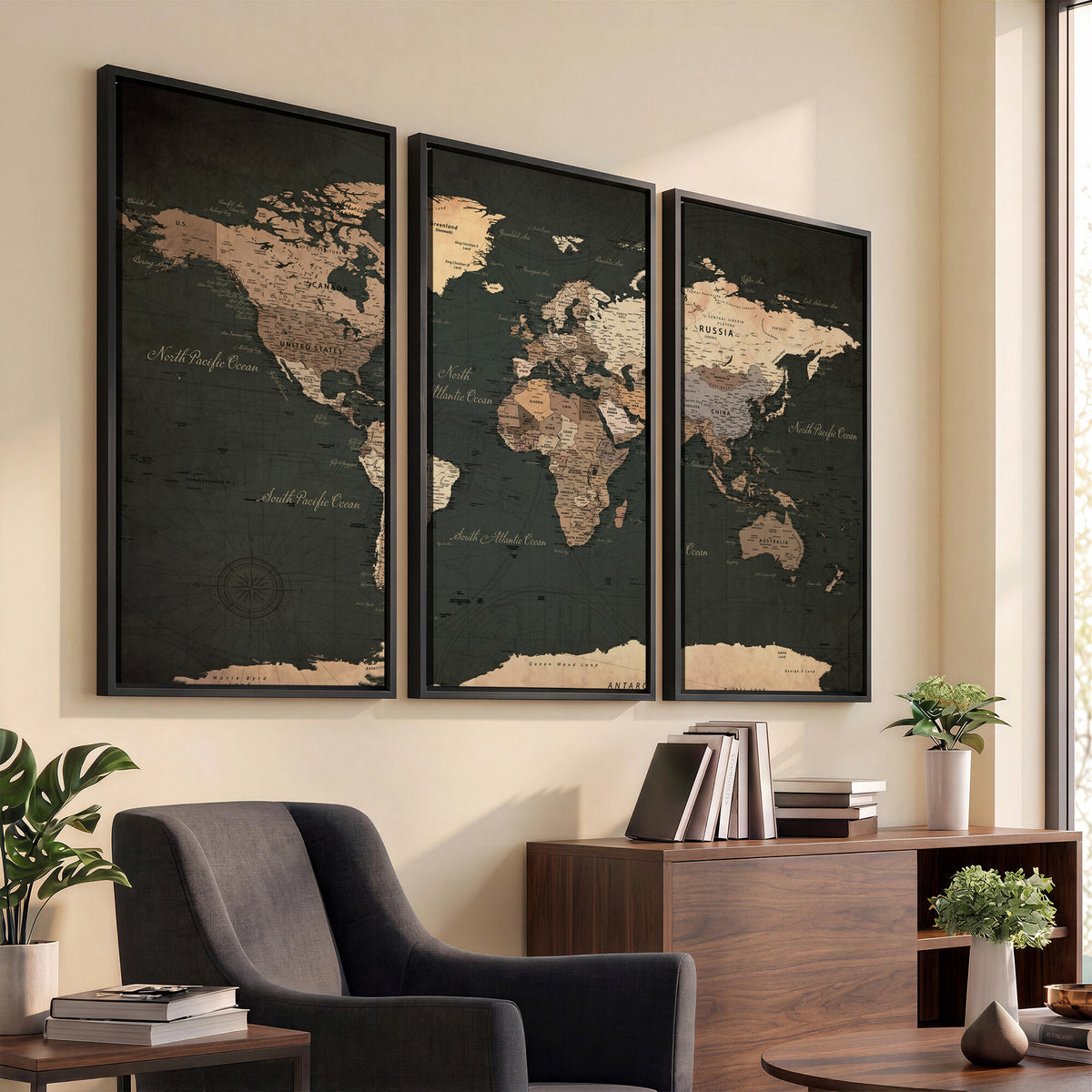 62059333-MGV-CV-36X24 - World Map Wall Art Canvas Print, Modern Decorative Framed Map Artwork Prints for Living Room, Office, Bedroom Wall Decor
