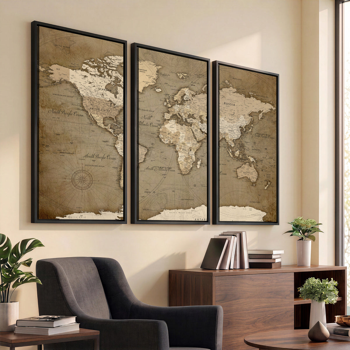 82314635-MGV-CV-36X24 - World Map Wall Art Canvas Print, Modern Decorative Framed Map Artwork Prints for Living Room, Office, Bedroom Wall Decor