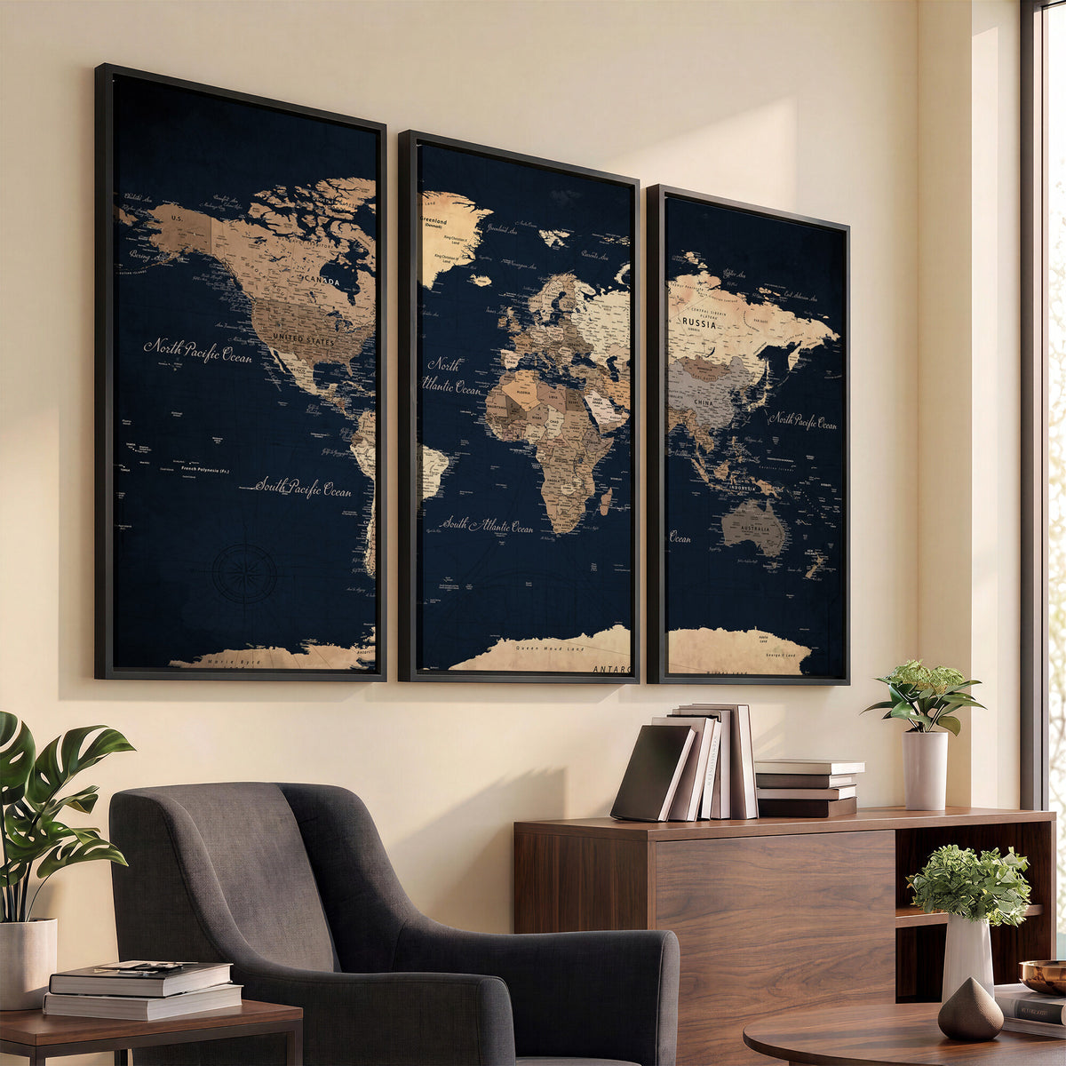 53971530-MGV-CV-36X24 - World Map Wall Art Canvas Print, Modern Decorative Framed Map Artwork Prints for Living Room, Office, Bedroom Wall Decor