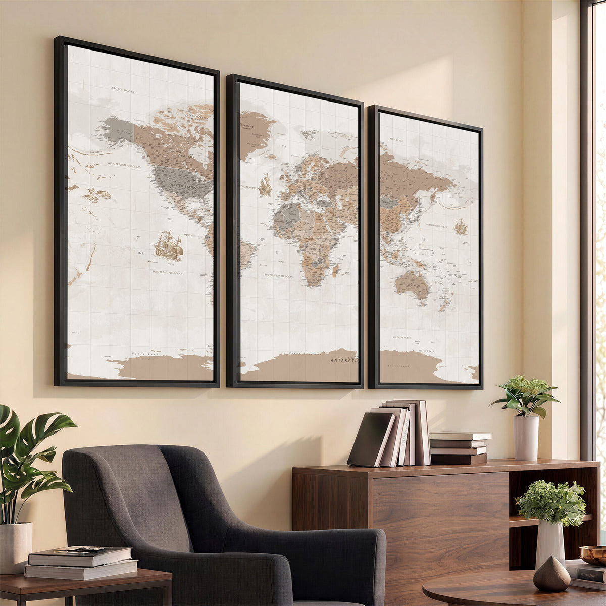 85057279-MGV-CV-36X24 - Framed Large World Map Canvas Print for Office Decor