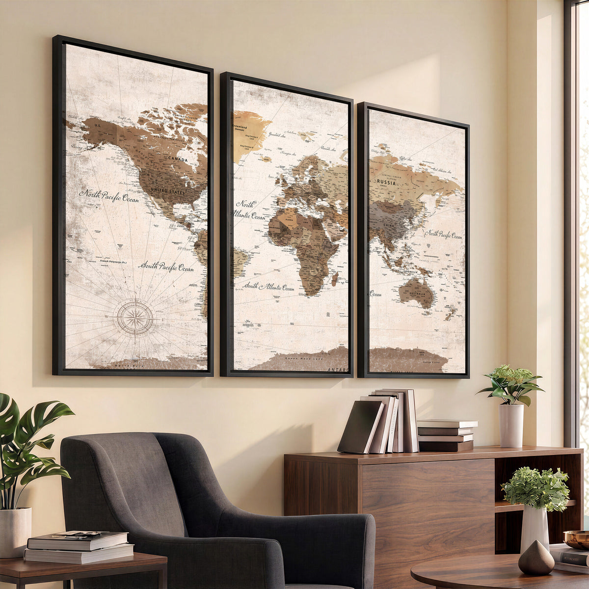 38923639-MGV-CV-36X24 - World Map Wall Art Canvas Print, Modern Decorative Framed Map Artwork Prints for Living Room, Office, Bedroom Wall Decor