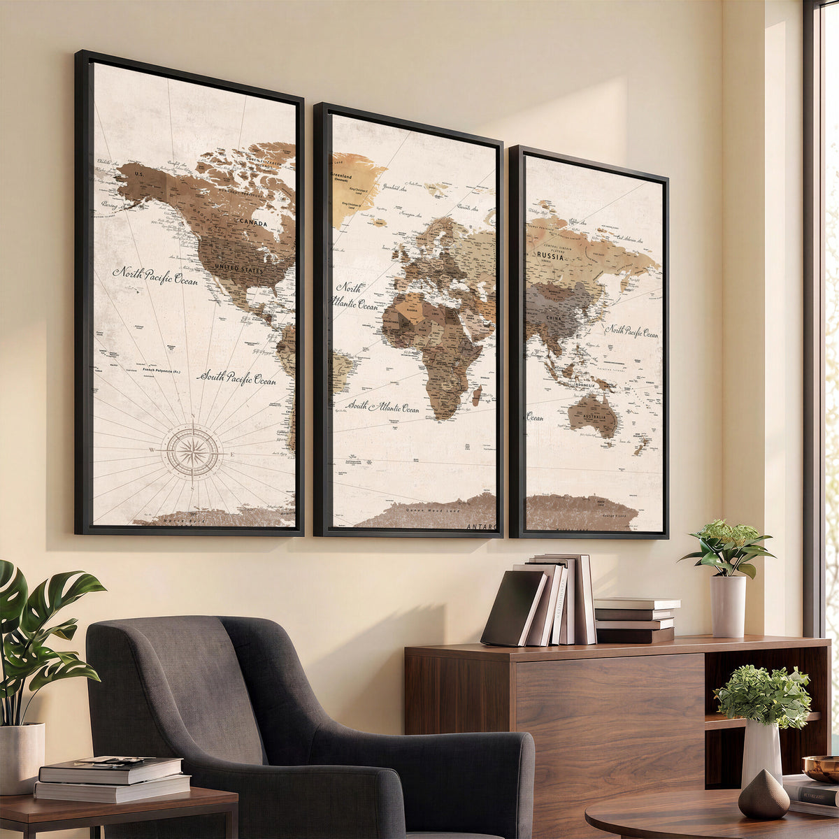 69860078-MGV-CV-36X24 - World Map Wall Art Canvas Print, Modern Decorative Framed Map Artwork Prints for Living Room, Office, Bedroom Wall Decor