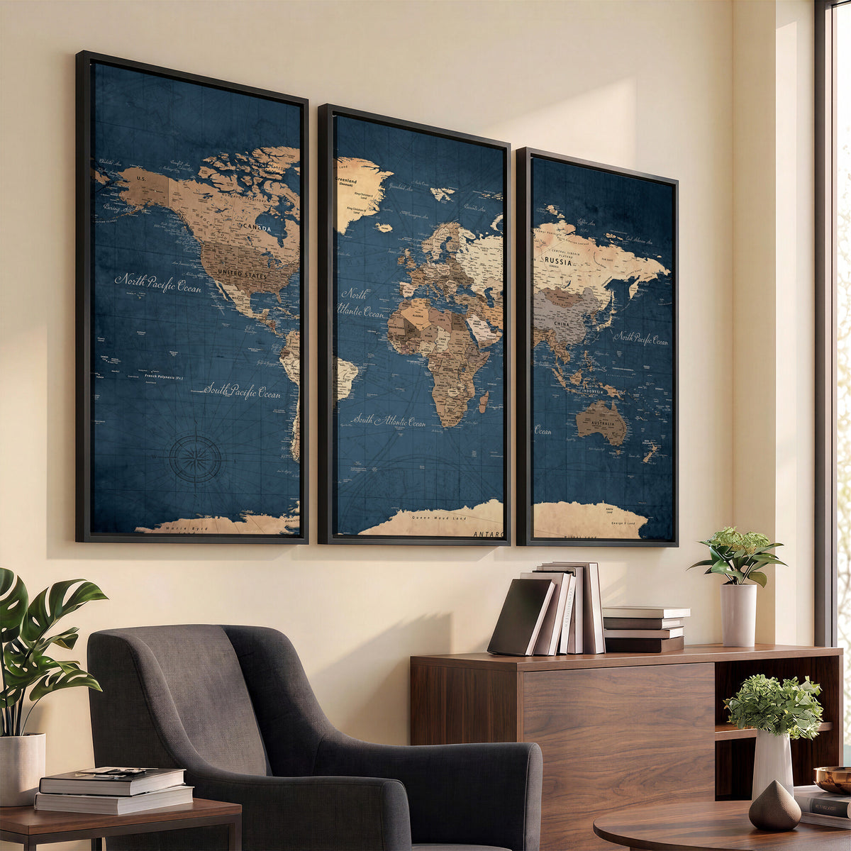 69886352-MGV-CV-36X24 - World Map Wall Art Canvas Print, Modern Decorative Framed Map Artwork Prints for Living Room, Office, Bedroom Wall Decor