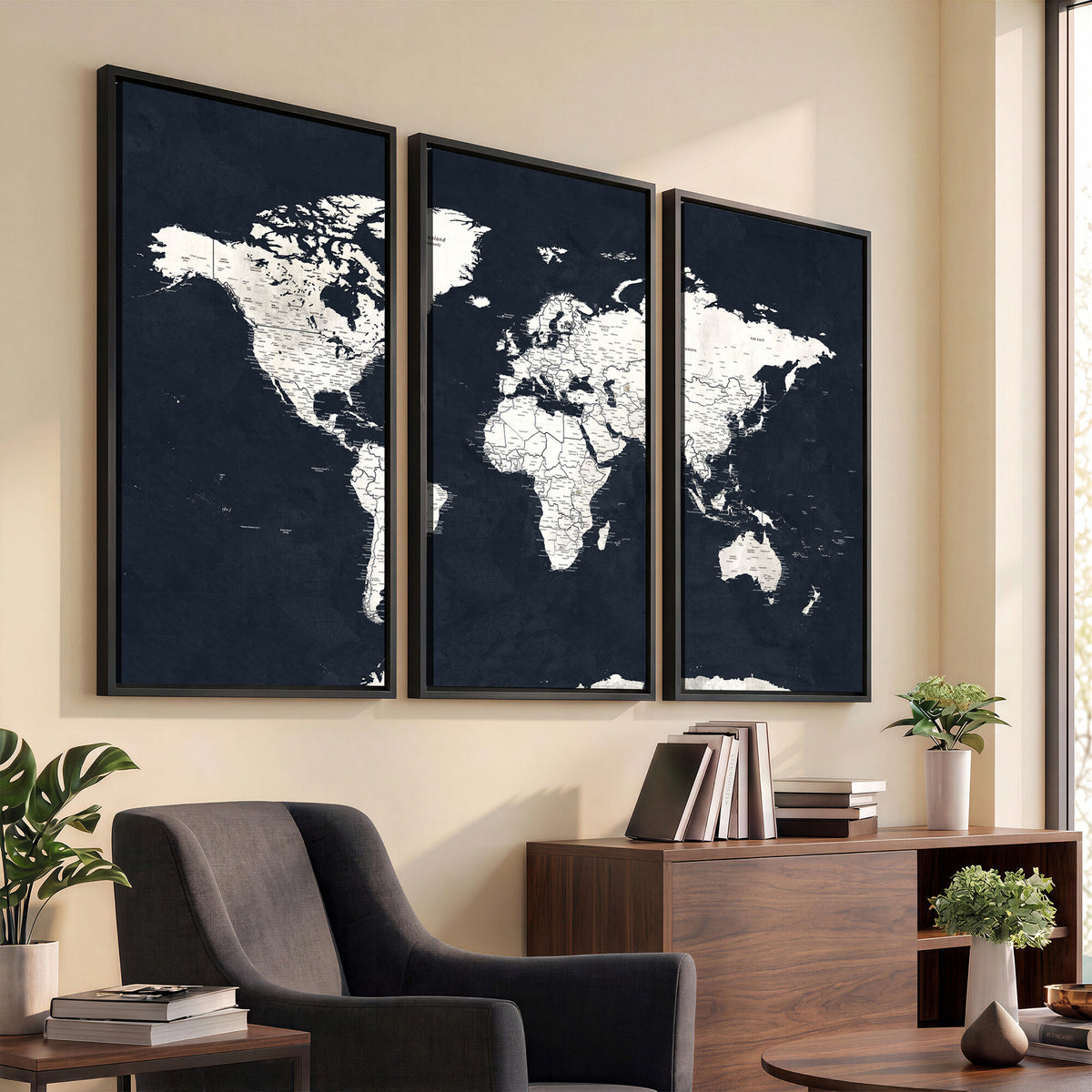 11963807-MGV-CV-36X24 - Black World Map Wall Art Canvas Print for Home Office and Meeting Room Decor